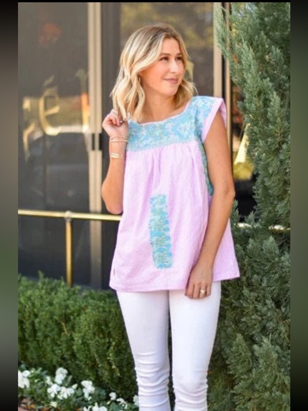 J. Marie Pink & White Striped Embroidered Top Size Small Festival Boho